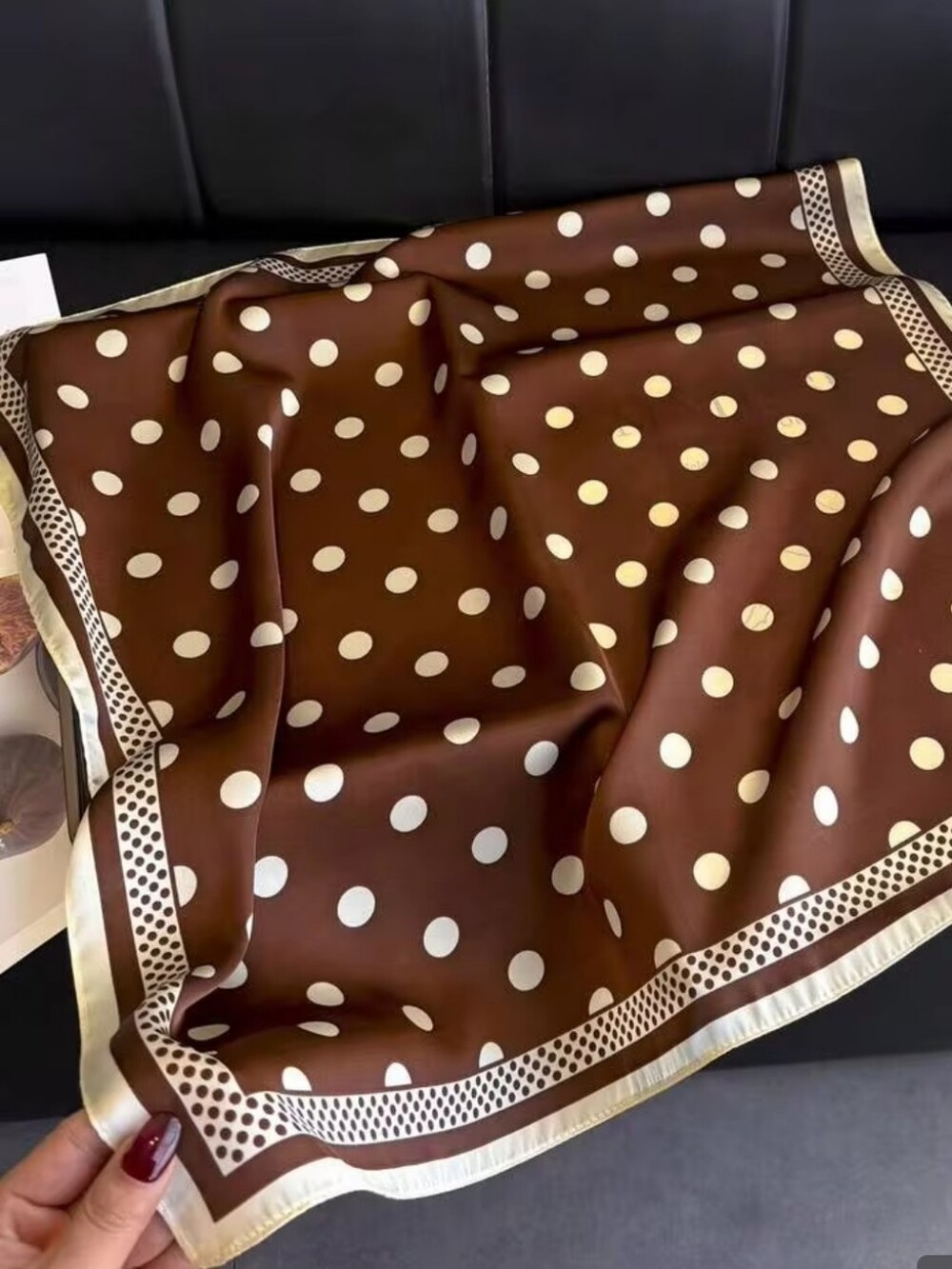 Silk-feel Brown Polka Dot Satin Scarf - Elegant 70*70cm